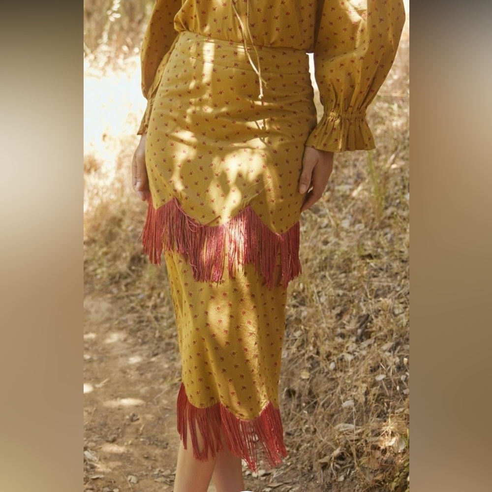 EDDY Mustard Fringe Midi Skirt Set
